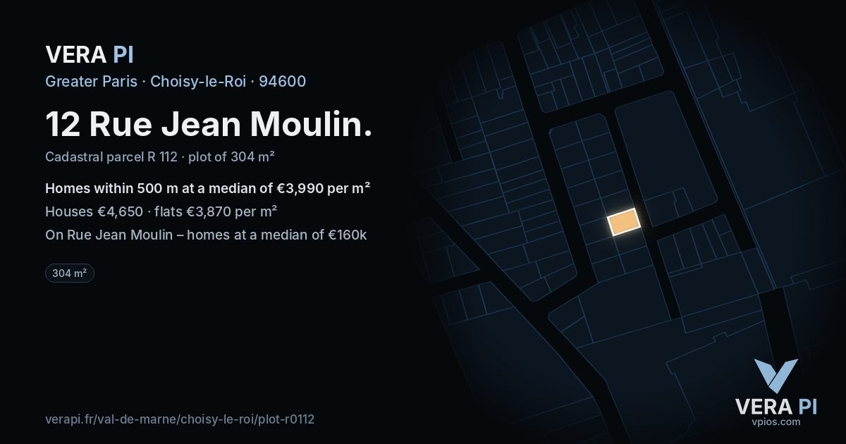 12 Rue Jean Moulin, Choisy-le-Roi at night – the plot lit, the parcels around coloured by the prices near them
