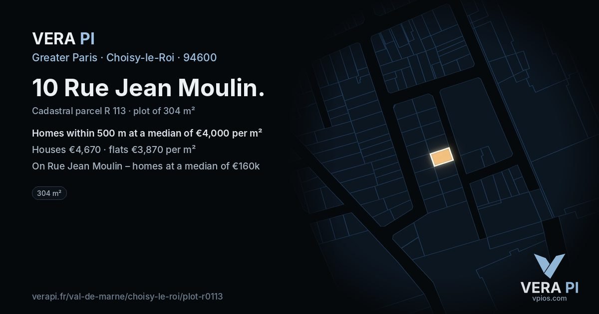 10 Rue Jean Moulin, Choisy-le-Roi at night – the plot lit, the parcels around coloured by the prices near them