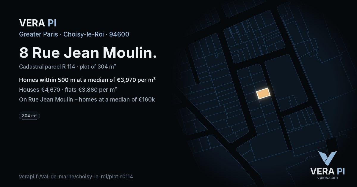 8 Rue Jean Moulin, Choisy-le-Roi at night – the plot lit, the parcels around coloured by the prices near them