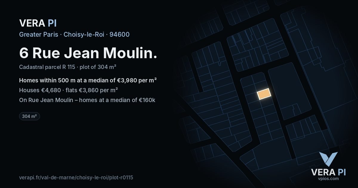 6 Rue Jean Moulin, Choisy-le-Roi at night – the plot lit, the parcels around coloured by the prices near them