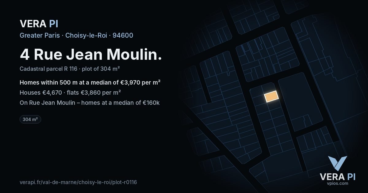 4 Rue Jean Moulin, Choisy-le-Roi at night – the plot lit, the parcels around coloured by the prices near them