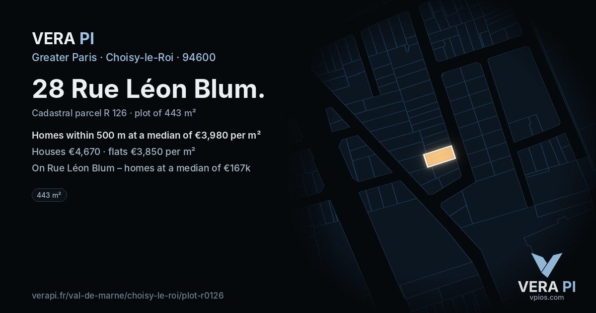 28 Rue Léon Blum, Choisy-le-Roi at night – the plot lit, the parcels around coloured by the prices near them