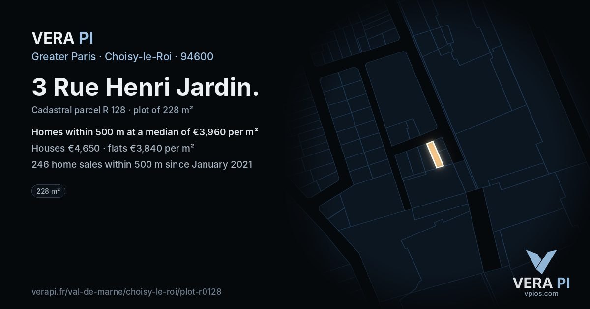 3 Rue Henri Jardin, Choisy-le-Roi at night – the plot lit, the parcels around coloured by the prices near them