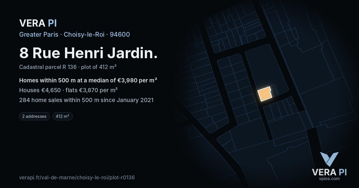 8 Rue Henri Jardin, Choisy-le-Roi at night – the plot lit, the parcels around coloured by the prices near them