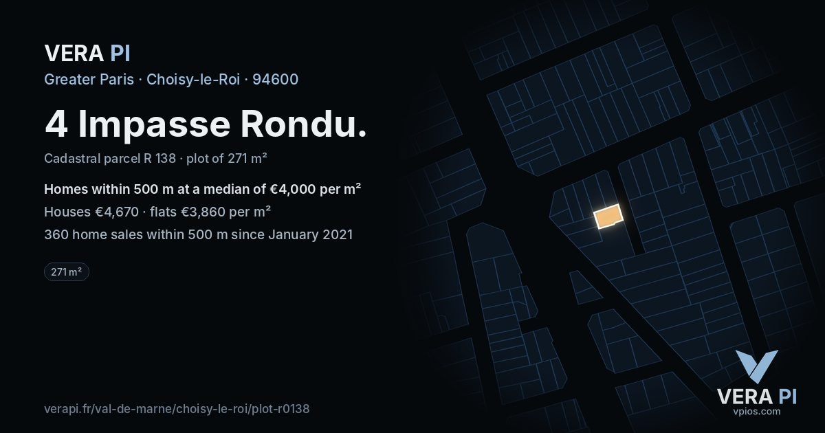 4 Impasse Rondu, Choisy-le-Roi at night – the plot lit, the parcels around coloured by the prices near them
