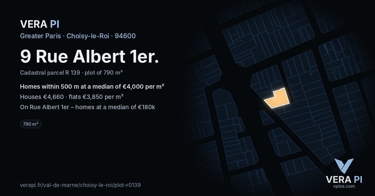 9 Rue Albert 1er, Choisy-le-Roi at night – the plot lit, the parcels around coloured by the prices near them