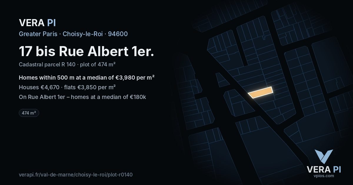 17 bis Rue Albert 1er, Choisy-le-Roi at night – the plot lit, the parcels around coloured by the prices near them
