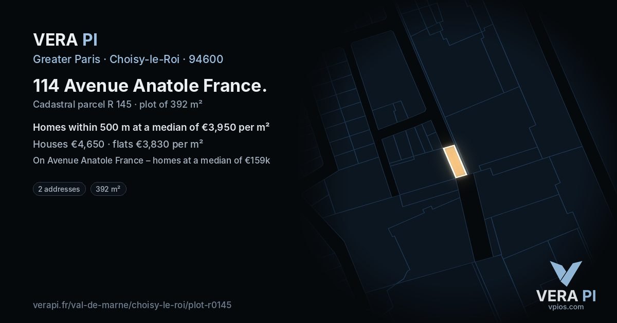 114 Avenue Anatole France, Choisy-le-Roi at night – the plot lit, the parcels around coloured by the prices near them