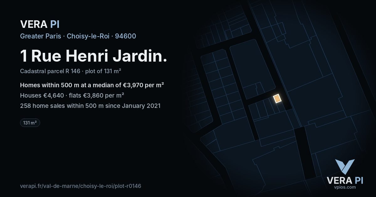 1 Rue Henri Jardin, Choisy-le-Roi at night – the plot lit, the parcels around coloured by the prices near them