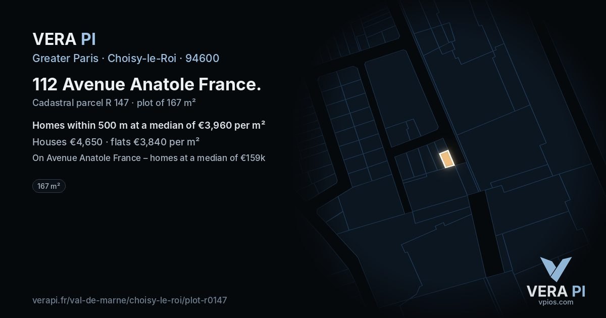 112 Avenue Anatole France, Choisy-le-Roi at night – the plot lit, the parcels around coloured by the prices near them