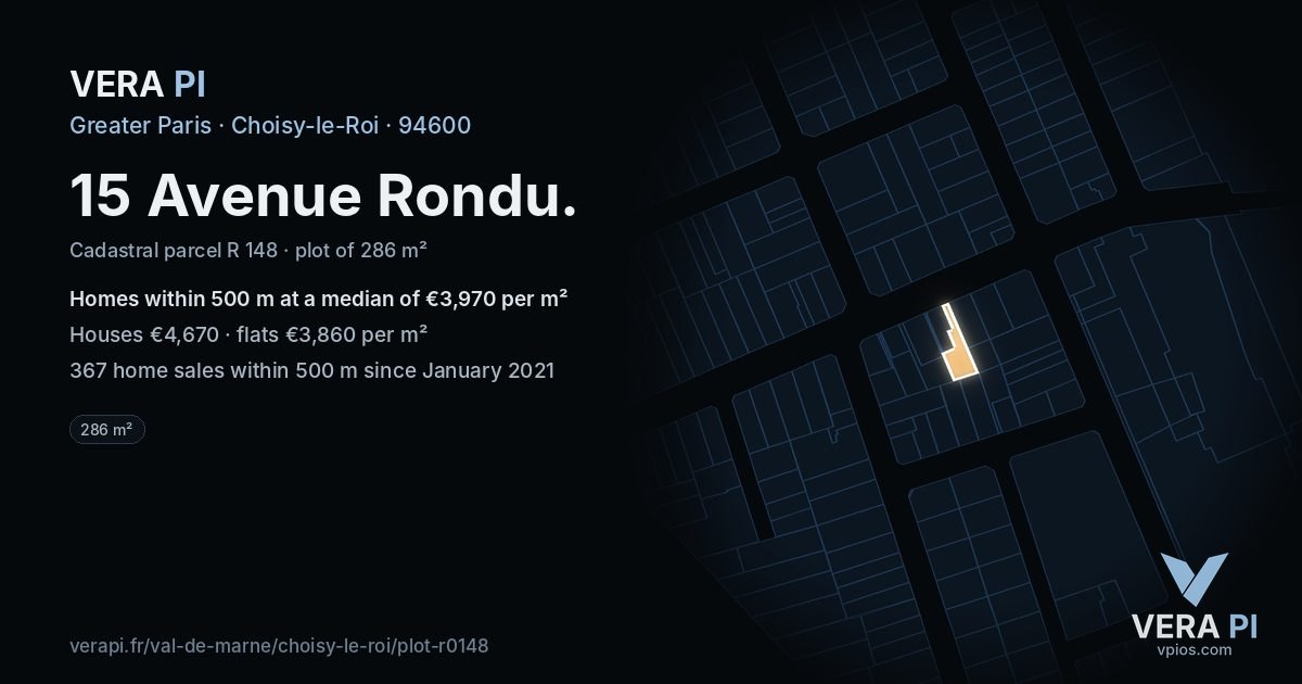 15 Avenue Rondu, Choisy-le-Roi at night – the plot lit, the parcels around coloured by the prices near them