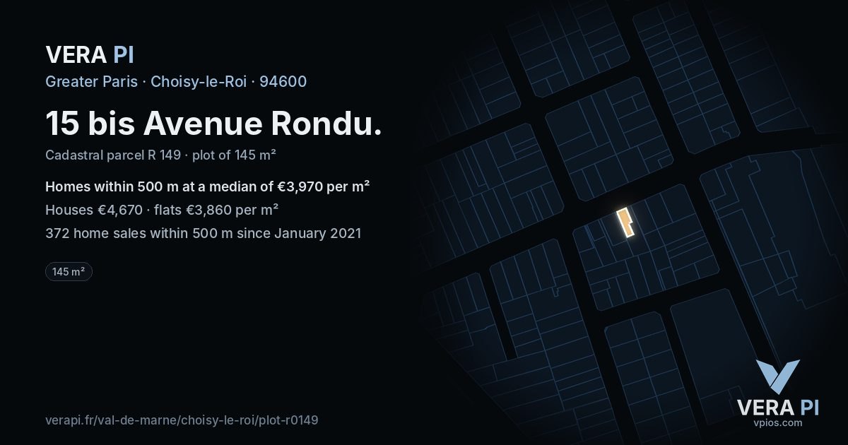15 bis Avenue Rondu, Choisy-le-Roi at night – the plot lit, the parcels around coloured by the prices near them