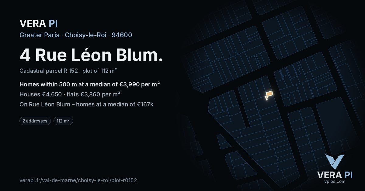 4 Rue Léon Blum, Choisy-le-Roi at night – the plot lit, the parcels around coloured by the prices near them