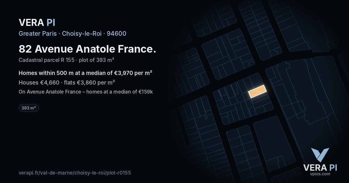 82 Avenue Anatole France, Choisy-le-Roi at night – the plot lit, the parcels around coloured by the prices near them