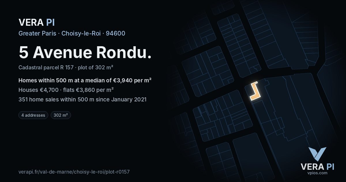 5 Avenue Rondu, Choisy-le-Roi at night – the plot lit, the parcels around coloured by the prices near them