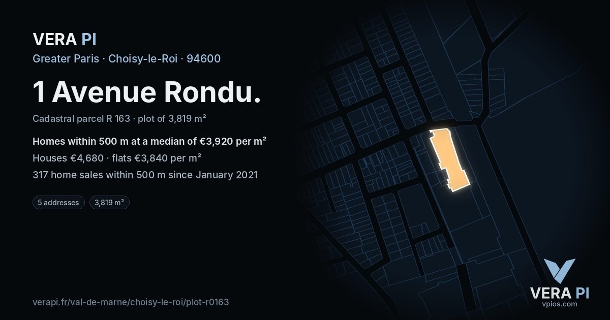 1 Avenue Rondu, Choisy-le-Roi at night – the plot lit, the parcels around coloured by the prices near them