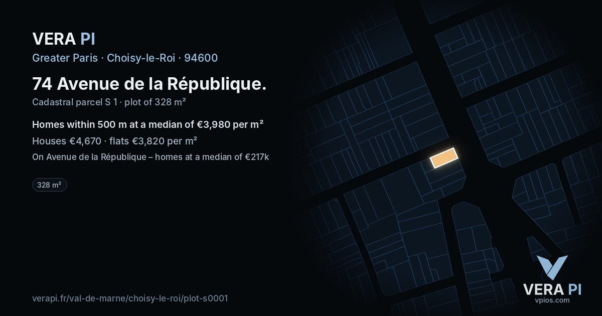 74 Avenue de la République, Choisy-le-Roi at night – the plot lit, the parcels around coloured by the prices near them