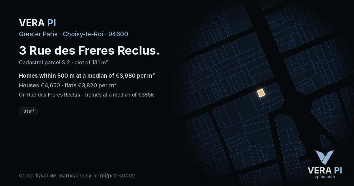 3 Rue des Freres Reclus, Choisy-le-Roi at night – the plot lit, the parcels around coloured by the prices near them