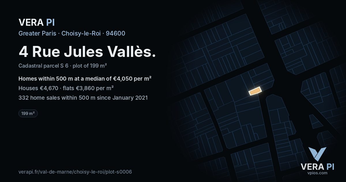 4 Rue Jules Vallès, Choisy-le-Roi at night – the plot lit, the parcels around coloured by the prices near them