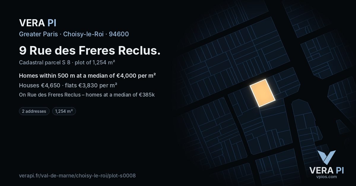 9 Rue des Freres Reclus, Choisy-le-Roi at night – the plot lit, the parcels around coloured by the prices near them