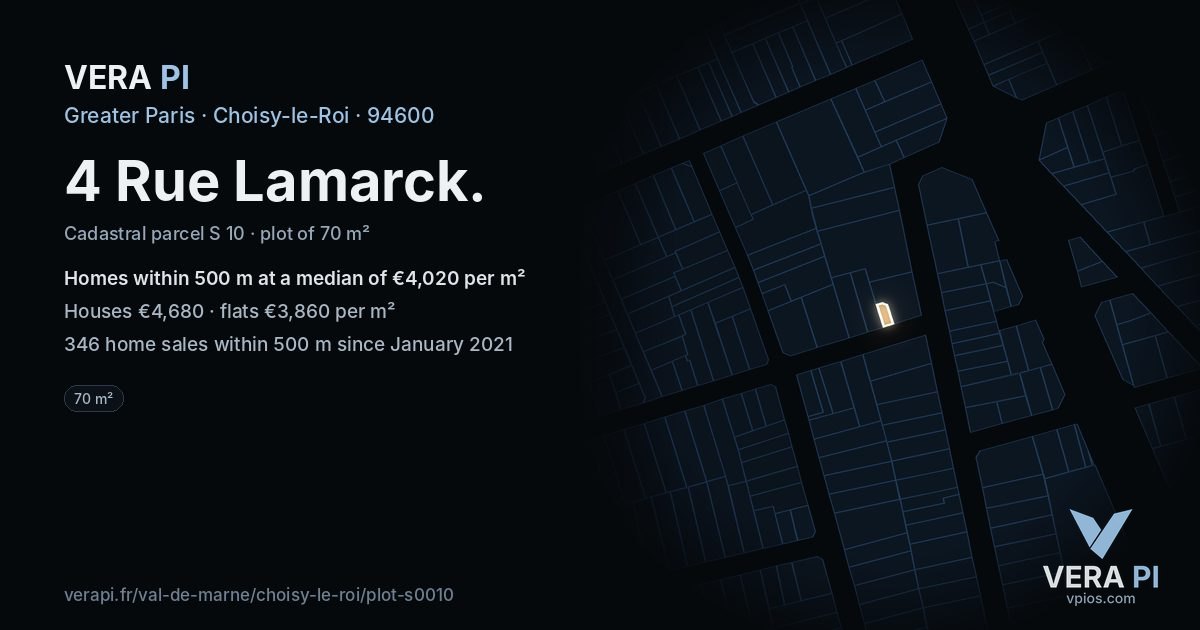 4 Rue Lamarck, Choisy-le-Roi at night – the plot lit, the parcels around coloured by the prices near them