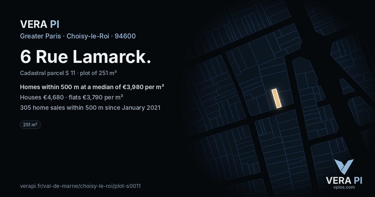 6 Rue Lamarck, Choisy-le-Roi at night – the plot lit, the parcels around coloured by the prices near them