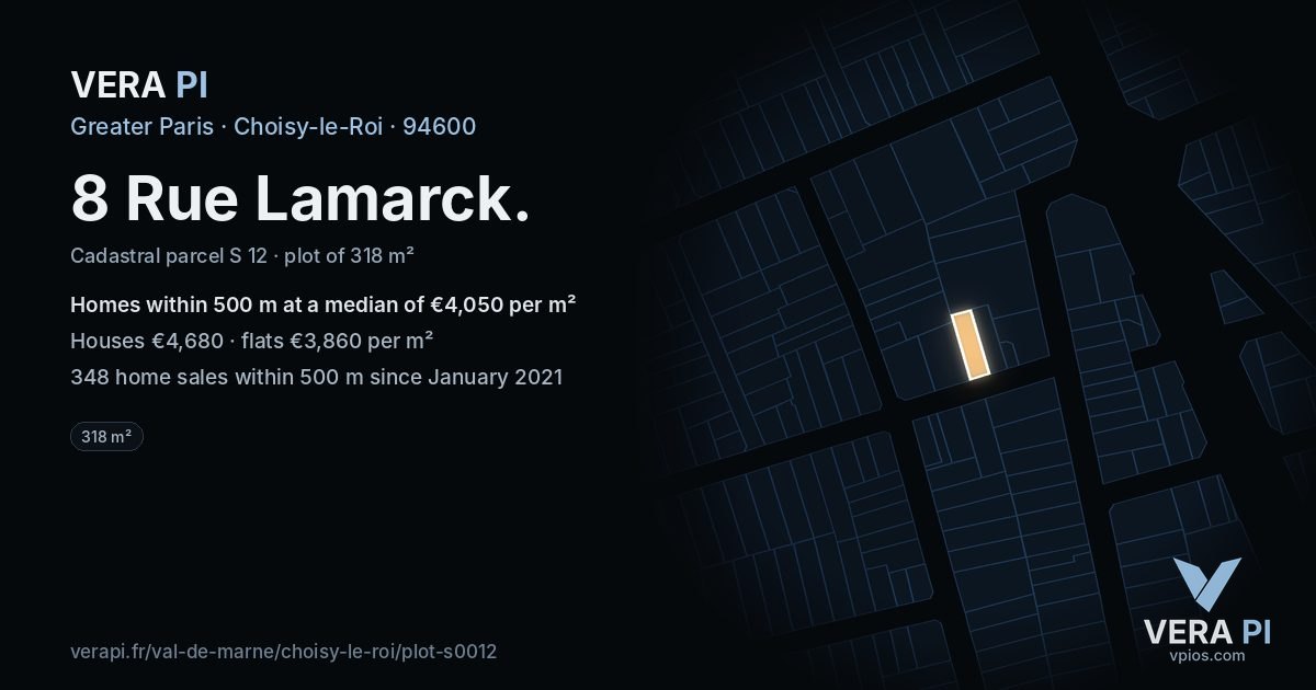 8 Rue Lamarck, Choisy-le-Roi at night – the plot lit, the parcels around coloured by the prices near them