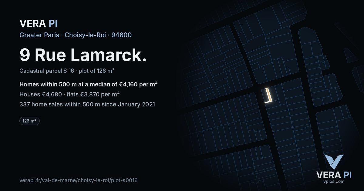 9 Rue Lamarck, Choisy-le-Roi at night – the plot lit, the parcels around coloured by the prices near them