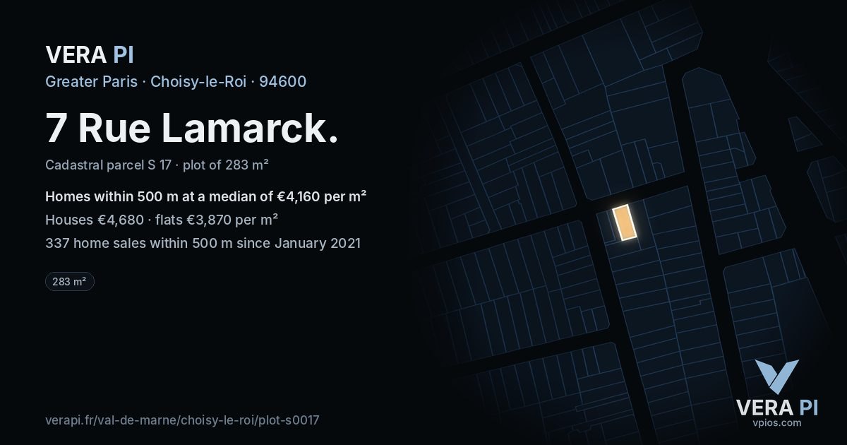 7 Rue Lamarck, Choisy-le-Roi at night – the plot lit, the parcels around coloured by the prices near them
