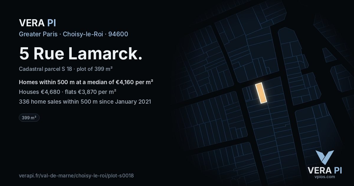 5 Rue Lamarck, Choisy-le-Roi at night – the plot lit, the parcels around coloured by the prices near them