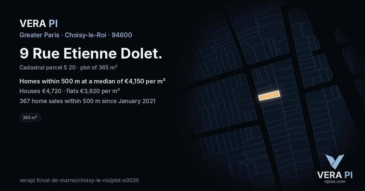 9 Rue Etienne Dolet, Choisy-le-Roi at night – the plot lit, the parcels around coloured by the prices near them