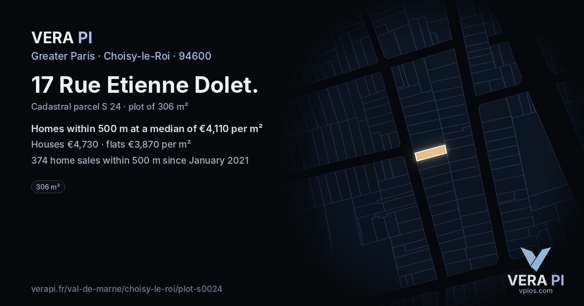 17 Rue Etienne Dolet, Choisy-le-Roi at night – the plot lit, the parcels around coloured by the prices near them