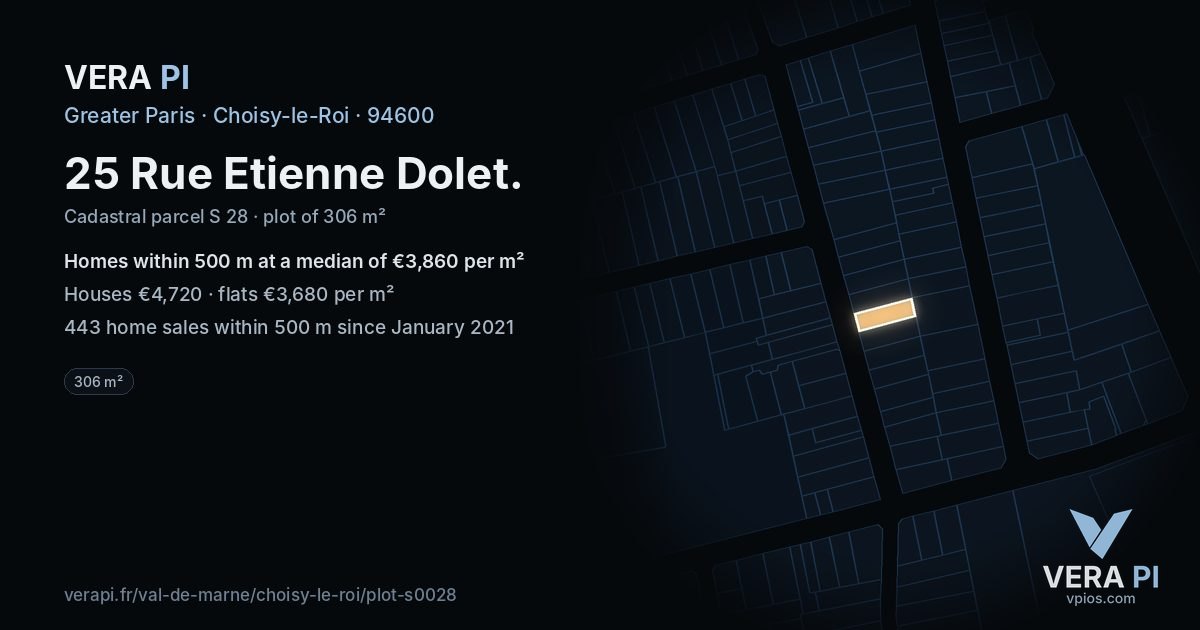 25 Rue Etienne Dolet, Choisy-le-Roi at night – the plot lit, the parcels around coloured by the prices near them