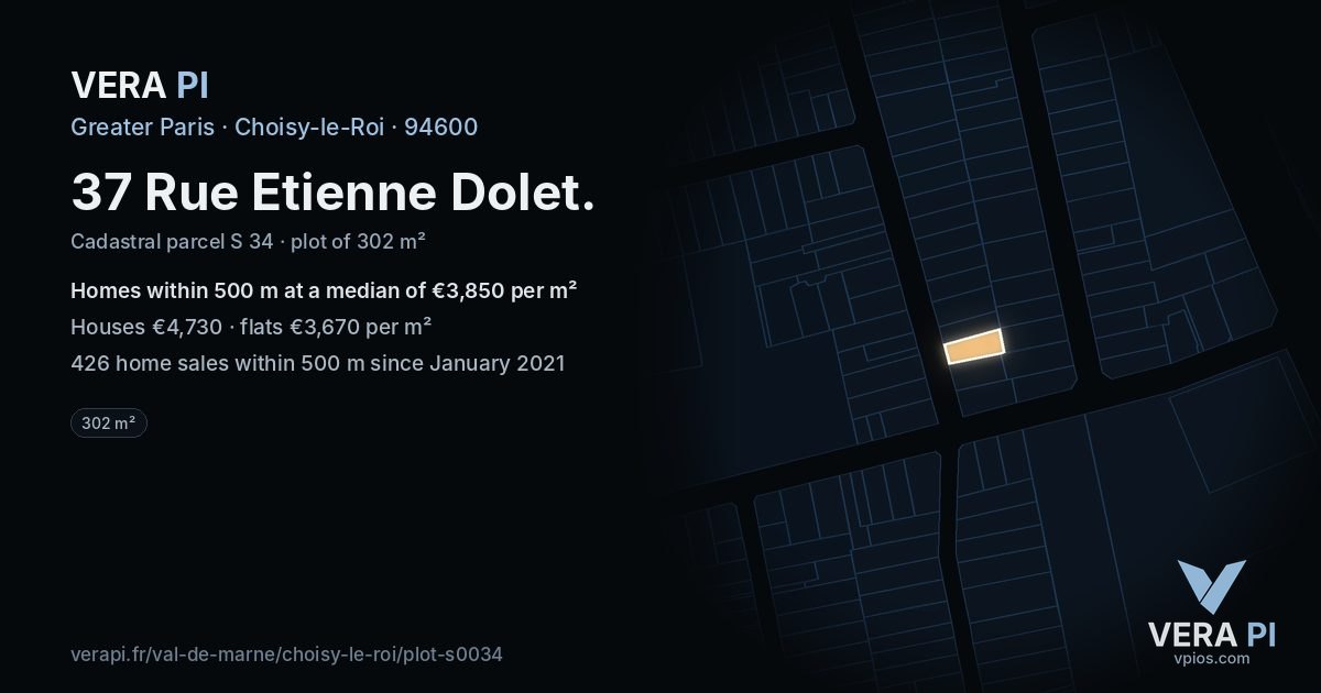37 Rue Etienne Dolet, Choisy-le-Roi at night – the plot lit, the parcels around coloured by the prices near them
