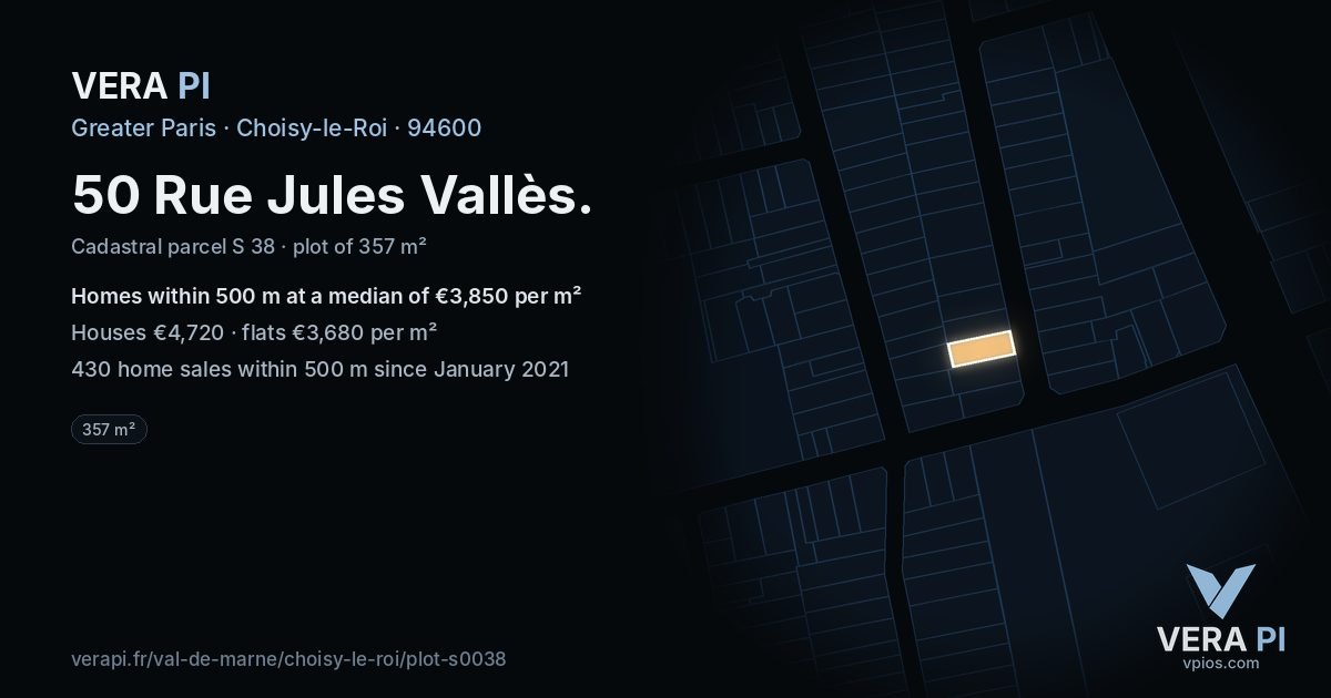 50 Rue Jules Vallès, Choisy-le-Roi at night – the plot lit, the parcels around coloured by the prices near them