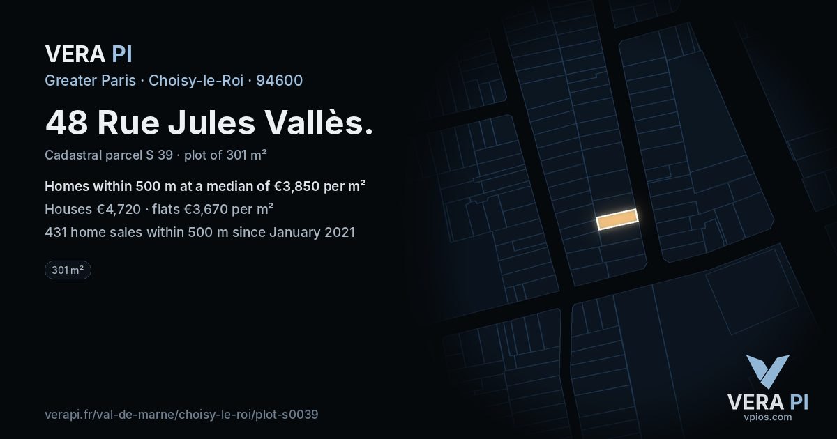 48 Rue Jules Vallès, Choisy-le-Roi at night – the plot lit, the parcels around coloured by the prices near them