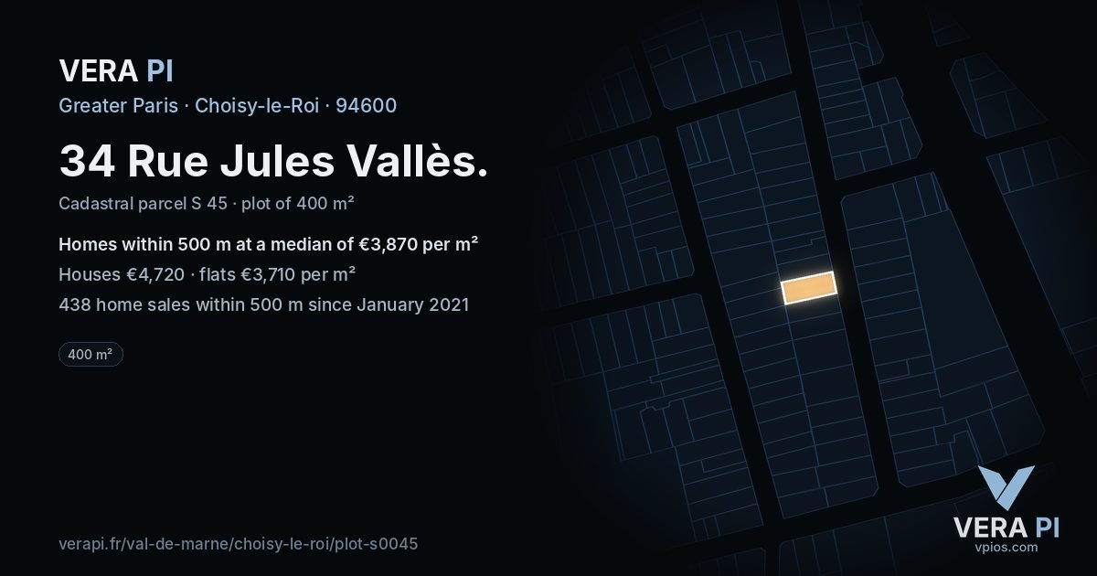 34 Rue Jules Vallès, Choisy-le-Roi at night – the plot lit, the parcels around coloured by the prices near them