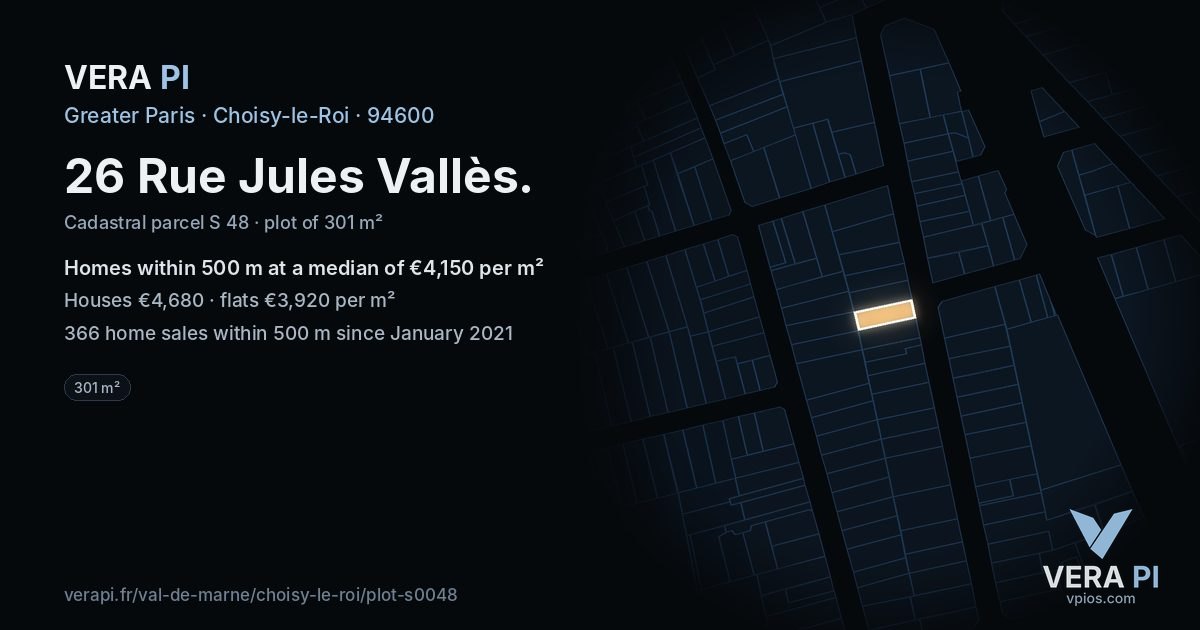 26 Rue Jules Vallès, Choisy-le-Roi at night – the plot lit, the parcels around coloured by the prices near them