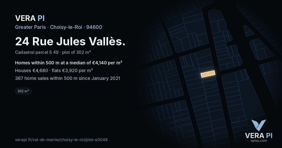 24 Rue Jules Vallès, Choisy-le-Roi at night – the plot lit, the parcels around coloured by the prices near them