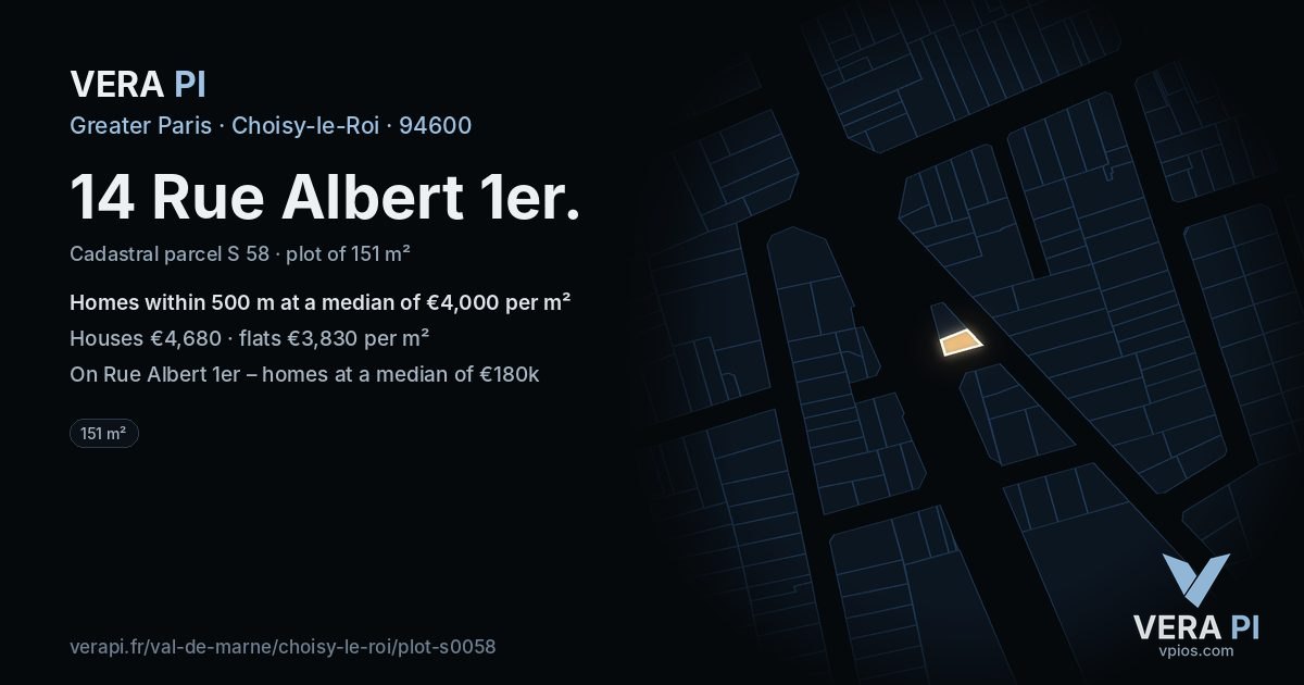 14 Rue Albert 1er, Choisy-le-Roi at night – the plot lit, the parcels around coloured by the prices near them