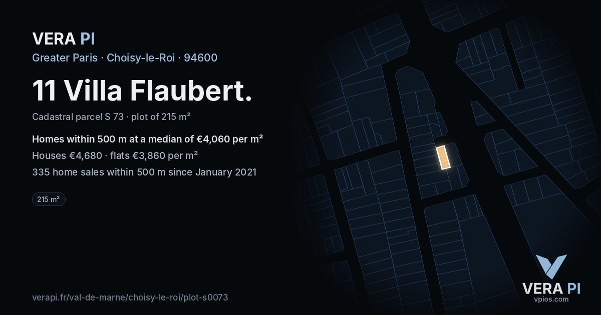 11 Villa Flaubert, Choisy-le-Roi at night – the plot lit, the parcels around coloured by the prices near them