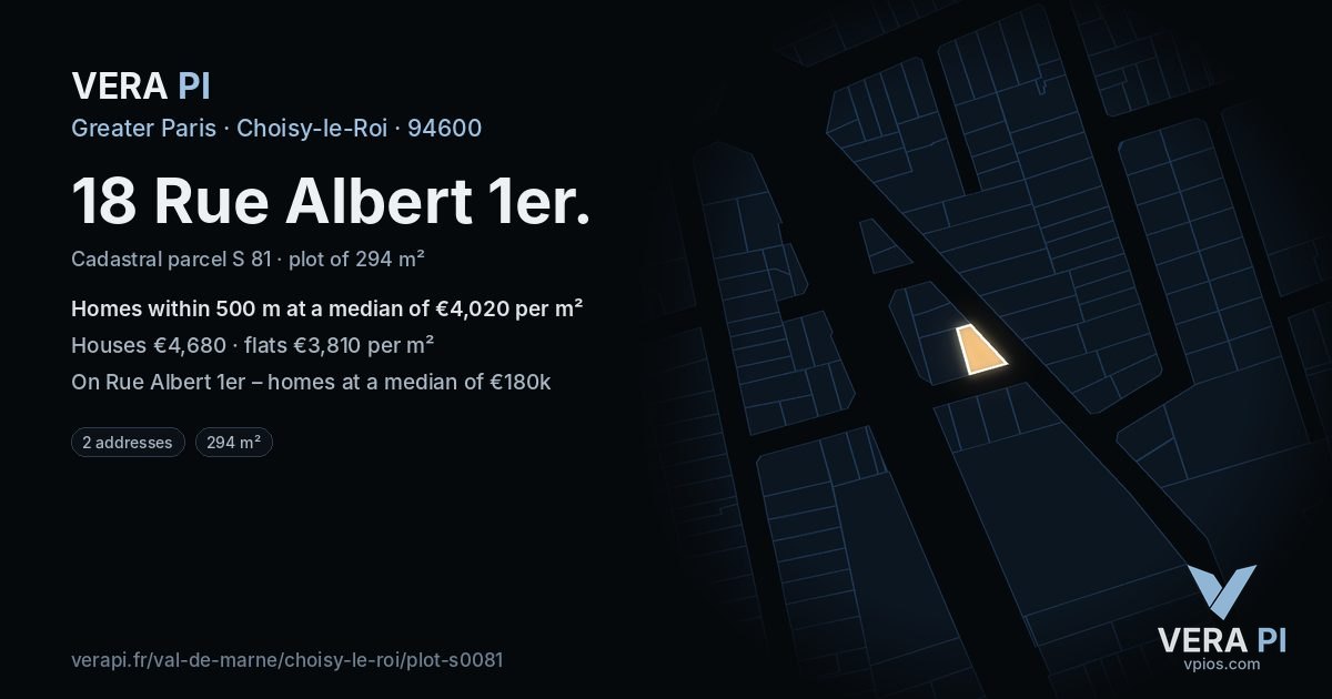 18 Rue Albert 1er, Choisy-le-Roi at night – the plot lit, the parcels around coloured by the prices near them