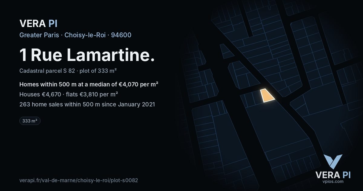 1 Rue Lamartine, Choisy-le-Roi at night – the plot lit, the parcels around coloured by the prices near them