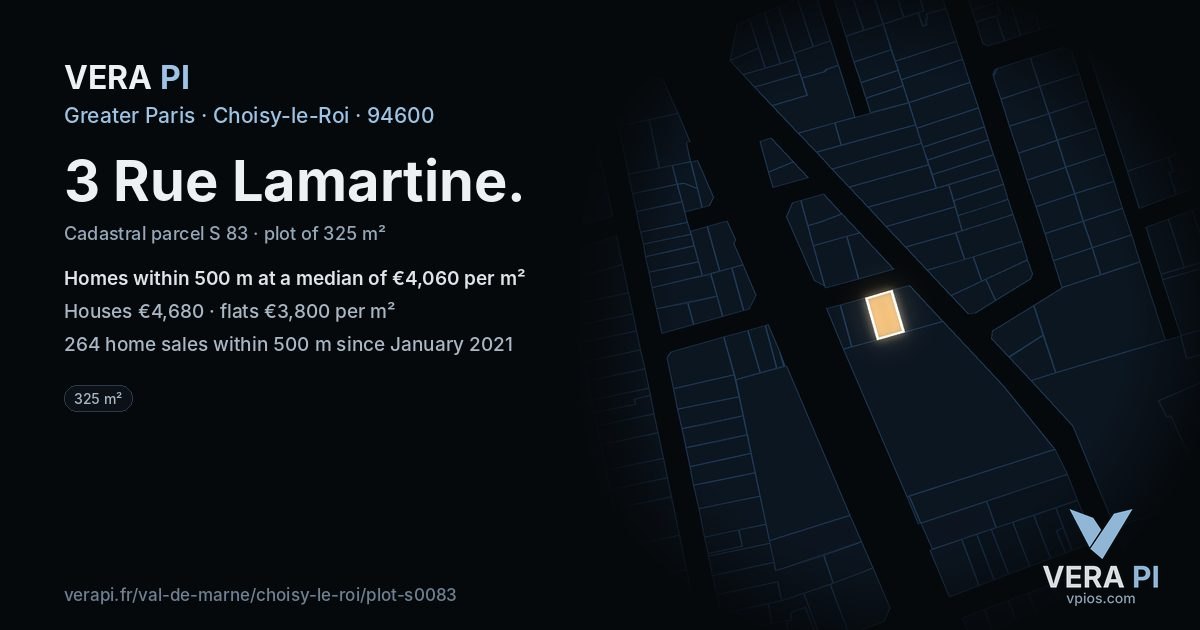 3 Rue Lamartine, Choisy-le-Roi at night – the plot lit, the parcels around coloured by the prices near them
