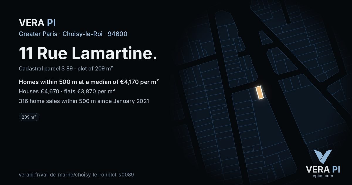 11 Rue Lamartine, Choisy-le-Roi at night – the plot lit, the parcels around coloured by the prices near them