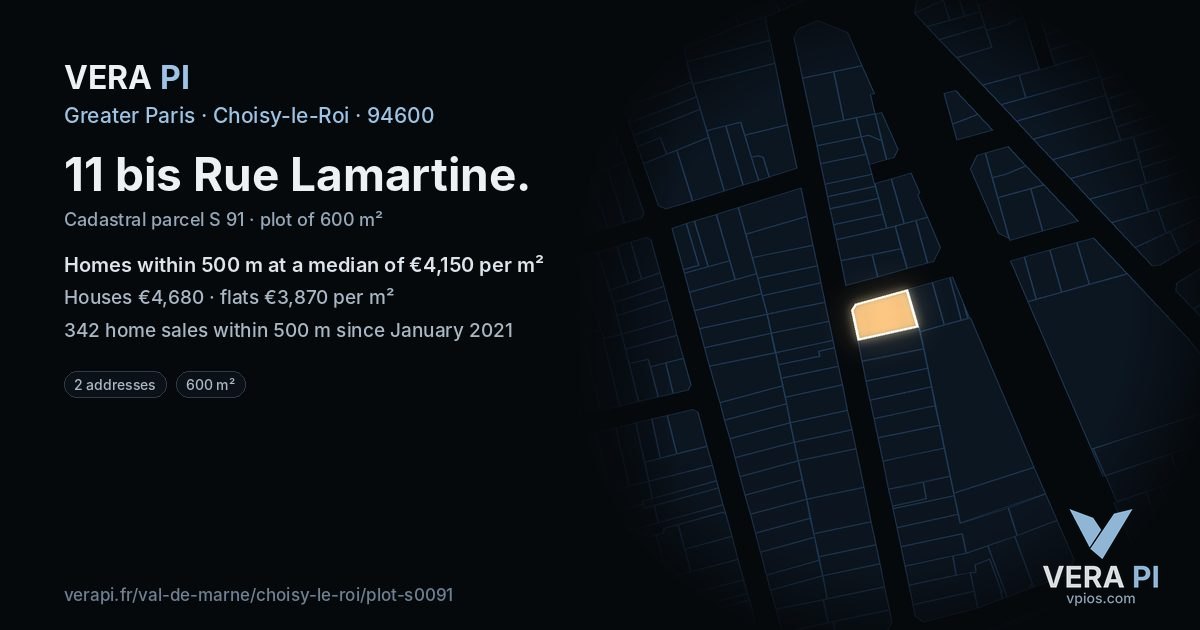 11 bis Rue Lamartine, Choisy-le-Roi at night – the plot lit, the parcels around coloured by the prices near them