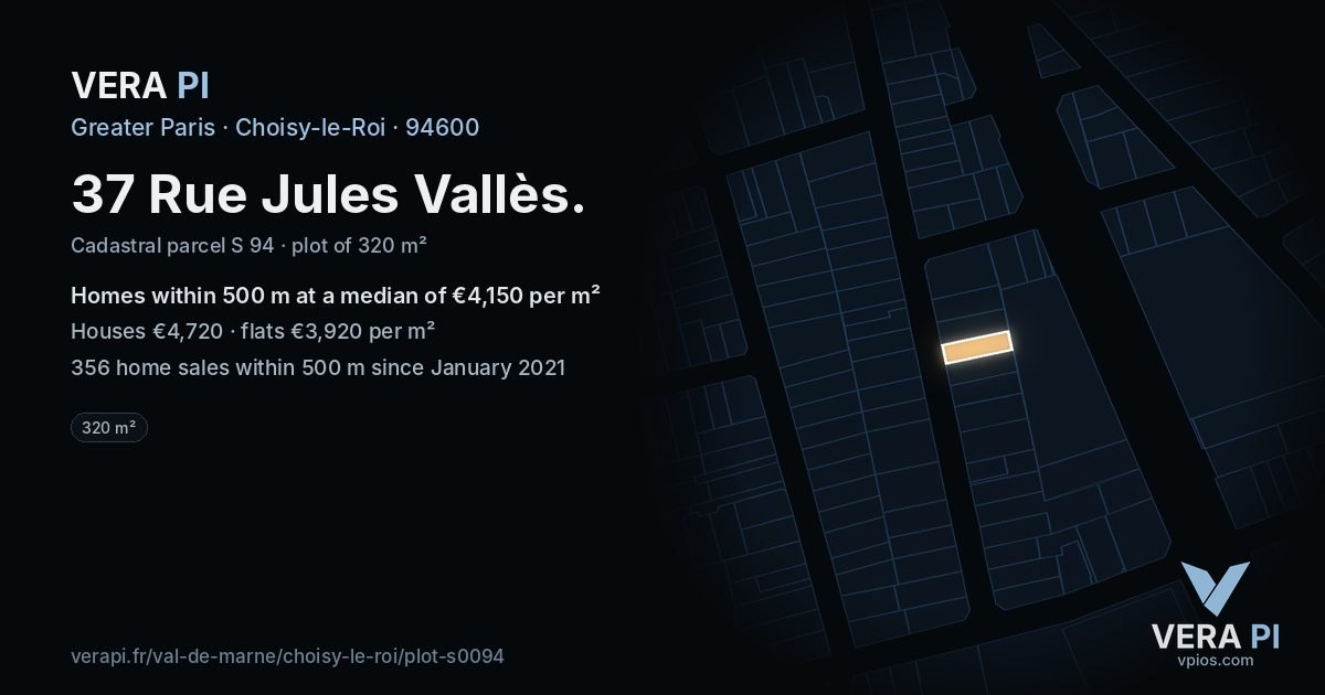 37 Rue Jules Vallès, Choisy-le-Roi at night – the plot lit, the parcels around coloured by the prices near them