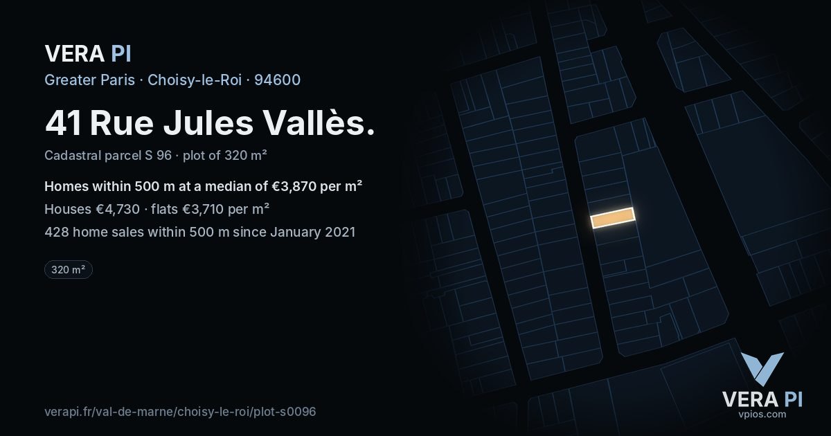 41 Rue Jules Vallès, Choisy-le-Roi at night – the plot lit, the parcels around coloured by the prices near them