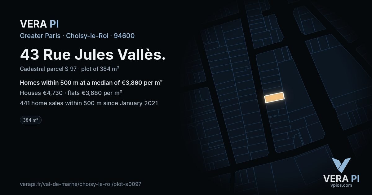 43 Rue Jules Vallès, Choisy-le-Roi at night – the plot lit, the parcels around coloured by the prices near them