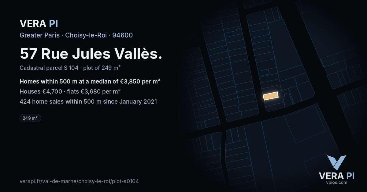 57 Rue Jules Vallès, Choisy-le-Roi at night – the plot lit, the parcels around coloured by the prices near them